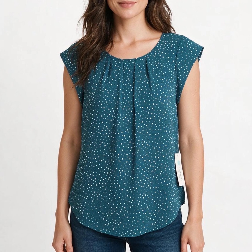 Alice Blue Blouse Women's S Teal Polka Dot Cap Sleeve Pleated Front NEW